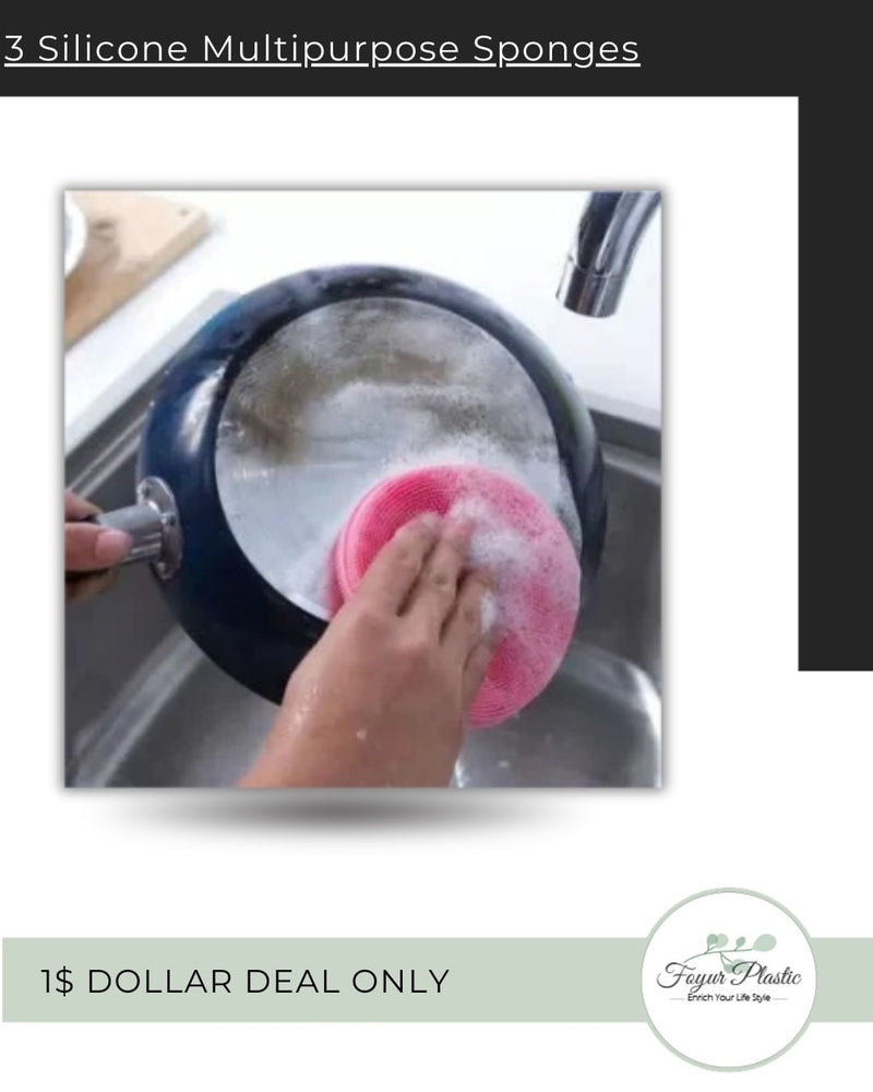Pack of 3 - Silicone Dish Round Sponge for Multipurpose Use