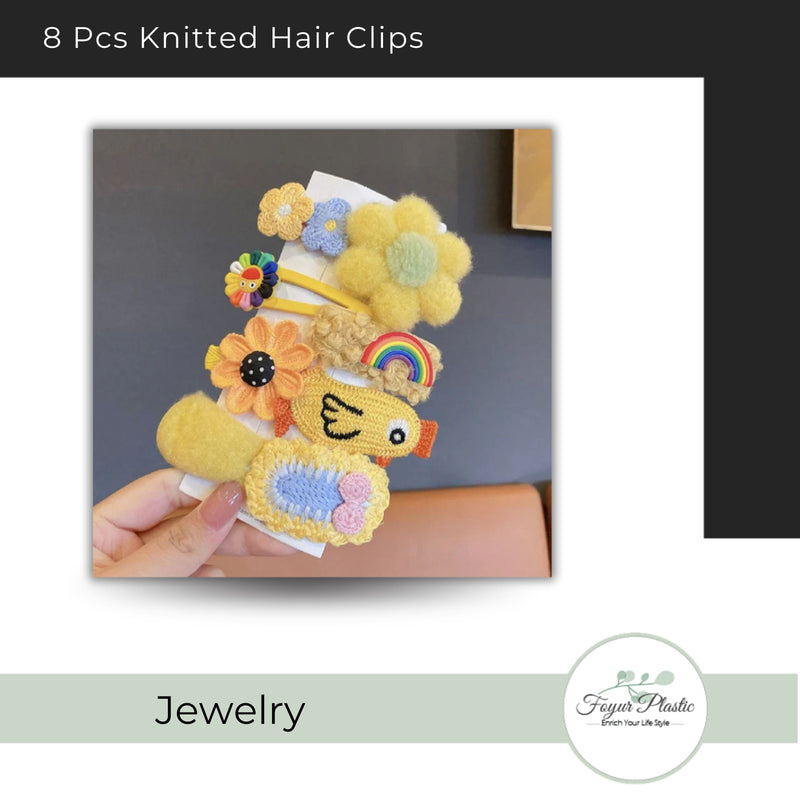 8 Pcs Beautiful Design Wool Knitted hair clips (Hand Made)