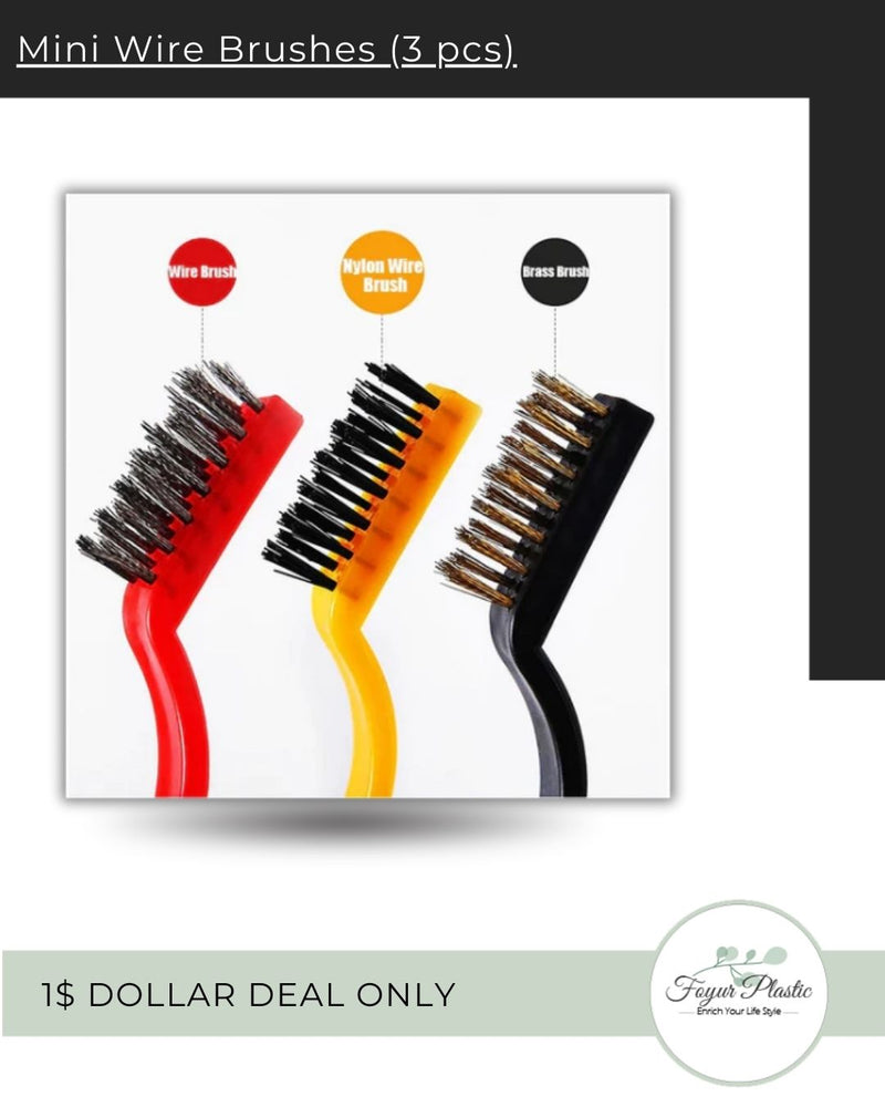 Pack of 3 Mini Wire Brush Set (Brass, Nylon, Stainless Steel Bristles)