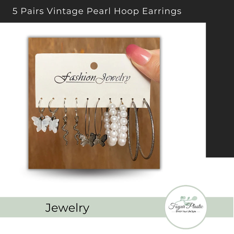 5 Pairs Vintage Pearl Hoop Earrings